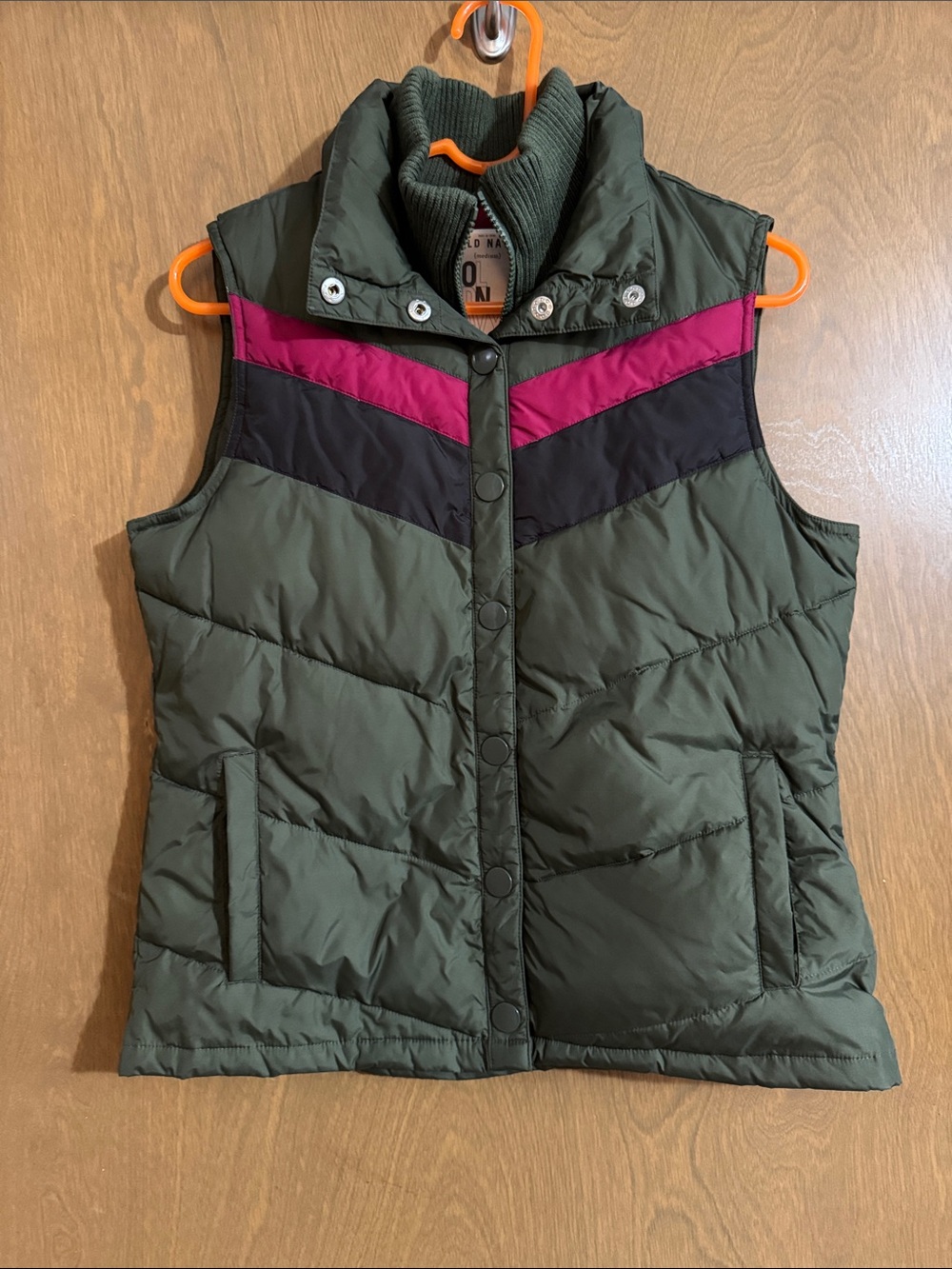 Old Navy Olive Green Puffer Vest with Pink and Brown Chevron